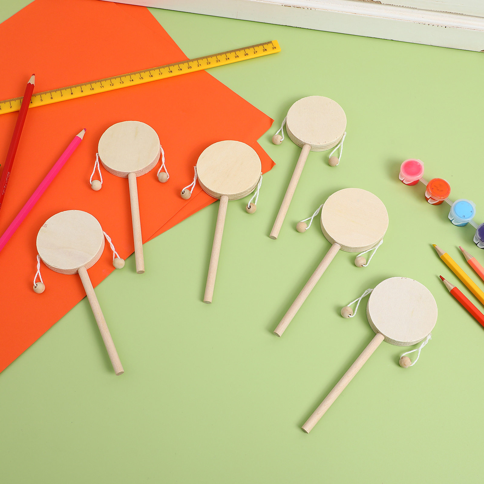 Musical Instrument Diy - 1Set Rattle Drum Wooden DIY Unfinished